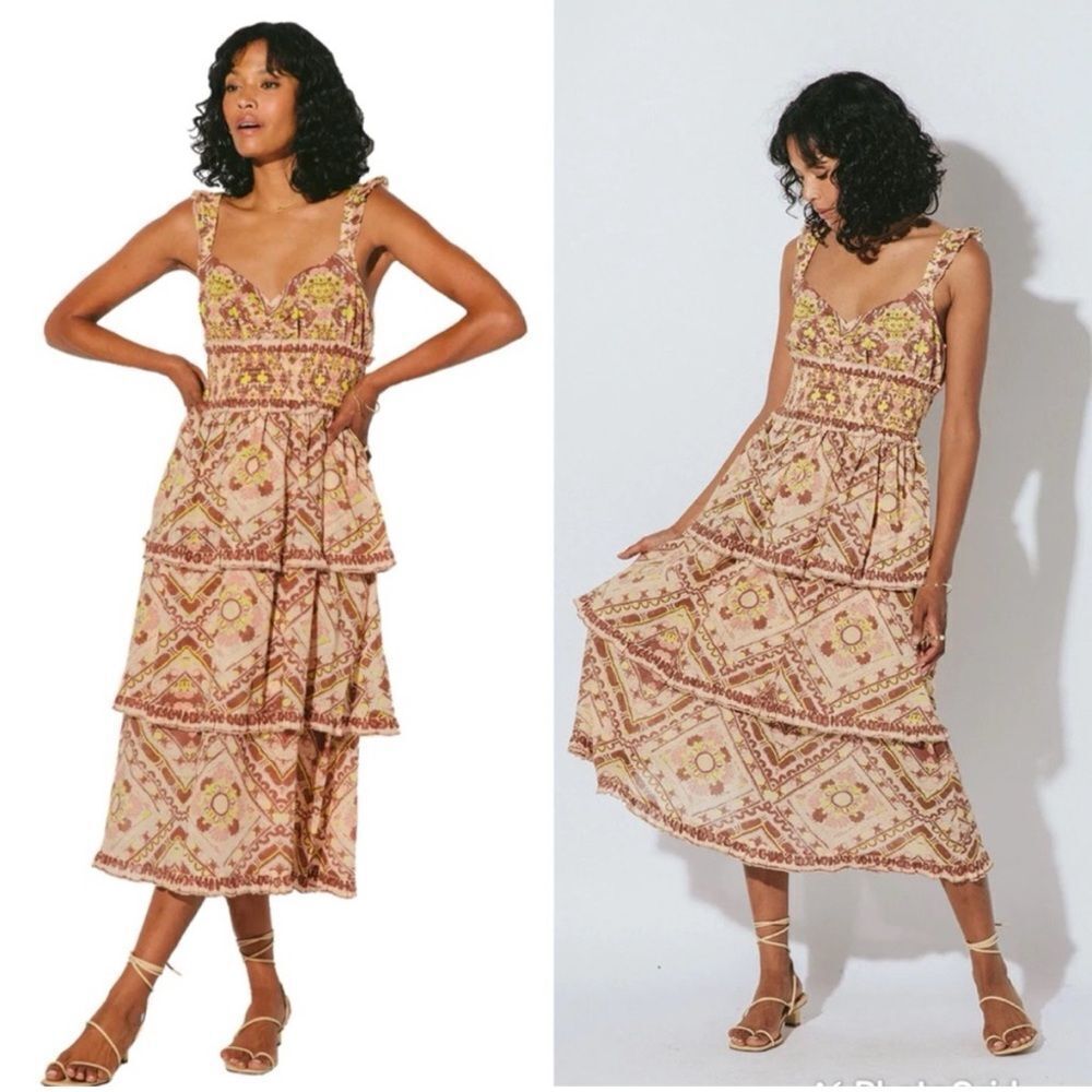 Cleobella Stella Midi Dress in Geo Print Brown Neutral Ruffle Size S / Pristine